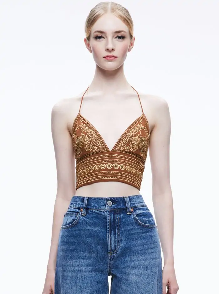 CARLI EMBROIDERED TIE NECK BRA TOP